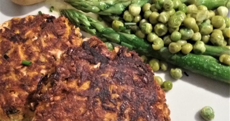 Carrot and Cashew Fritters served with Potatoes and Asparagus
