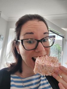 Eating a rice krispie square